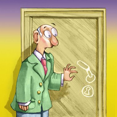 man with astonished expression fixes a door where the handle is not real but designed so he can not open it clipart