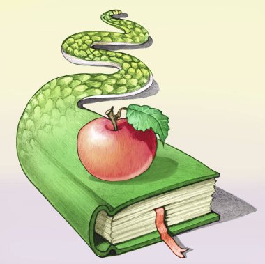 Bir kitabın kapağında bir yılana dönüşmesi, bilginin ve bilgeliğin orijinal günah olarak Apple metaforudur.