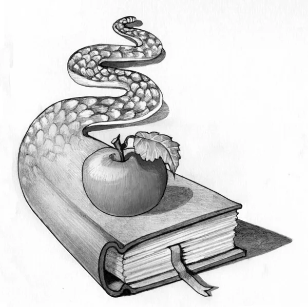 Book Turns Snake Cover Apple Metaphor Knowledge Wisdom Original Sin — Stock Photo, Image
