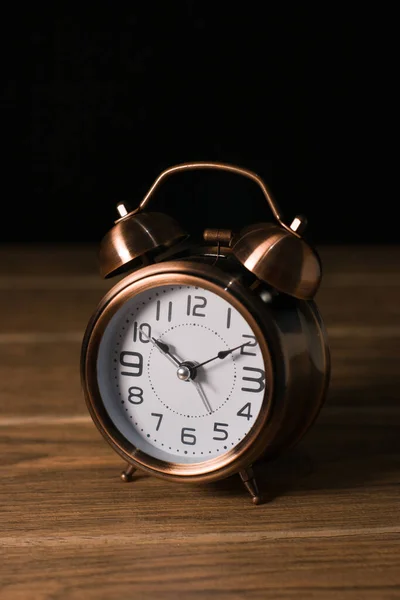 Antique Old Vintage Alarm Clock Analogy Bell Metallic Wooden Table — Stock Photo, Image