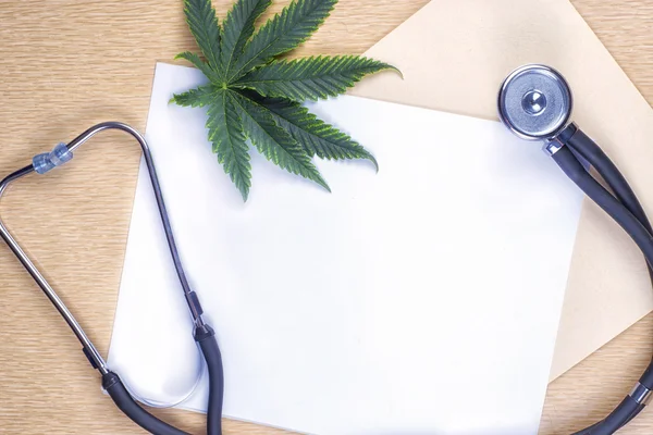 Medicinsk marijuana bakgrund med blankt papper — Stockfoto