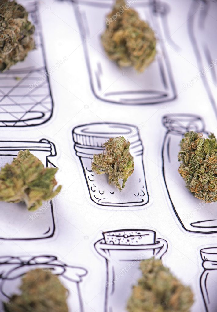 Cannabis buds on jars - dispensary pattern