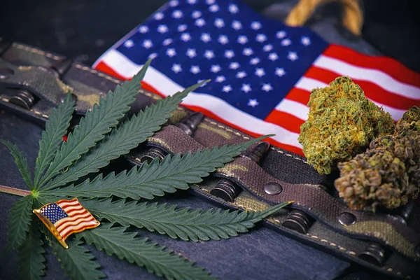Cannabis-Knospen, Blatt und amerikanische Flagge mit einigen Kugeln - Veteran — Stockfoto