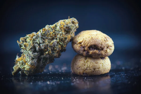 Cannabis nug over infunderede chokolade chips cookies - medicinsk mari - Stock-foto
