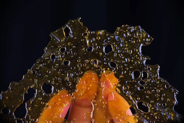 Detalhe de perto do concentrado de óleo de maconha aka estilhaçar isolado — Fotografia de Stock