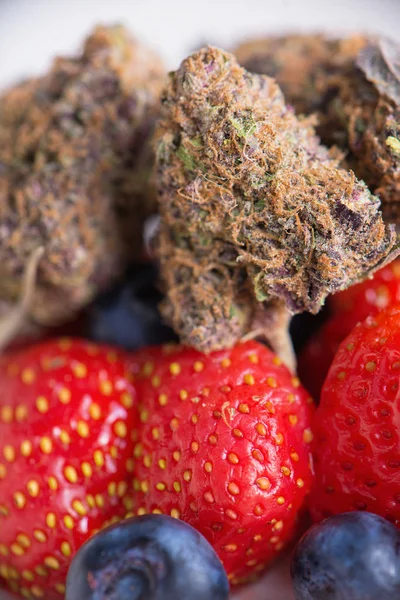 Detalhe de botões de cannabis secos (estirpe Rockberry) com frutas frescas — Fotografia de Stock