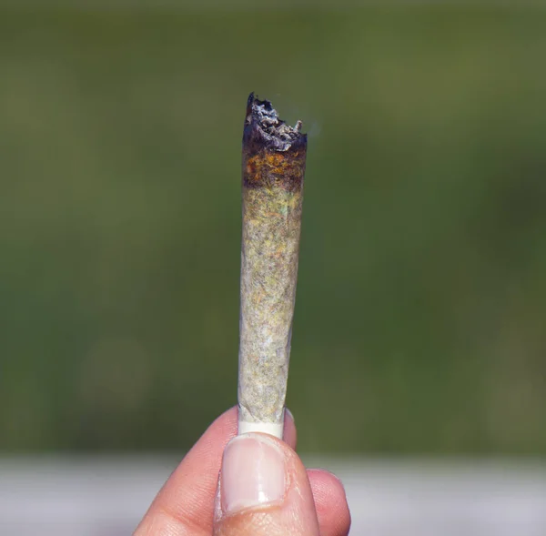 Macro detalle de la mano sosteniendo una articulación de cannabis en llamas — Foto de Stock
