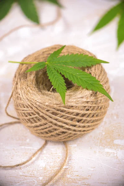 Macro detail of hemp fiber twine and cannabis leaf - marijuana h