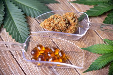 Kurumuş kenevir ve ahşap arka planda yeşil yapraklı tıbbi marihuana hapları.