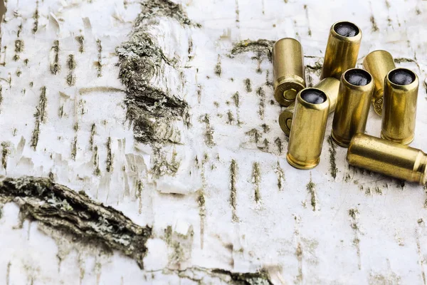 Tahta arka planda travmatik bir silah için sekiz mermi.