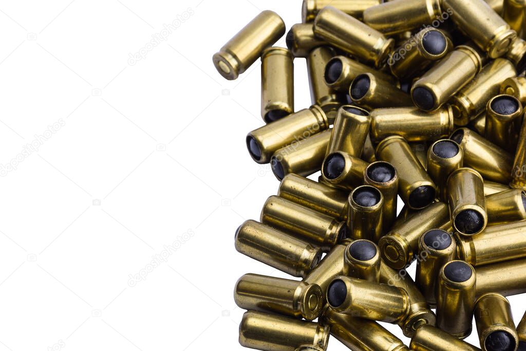 A lot of cartridges for a traumatic gun on a white background