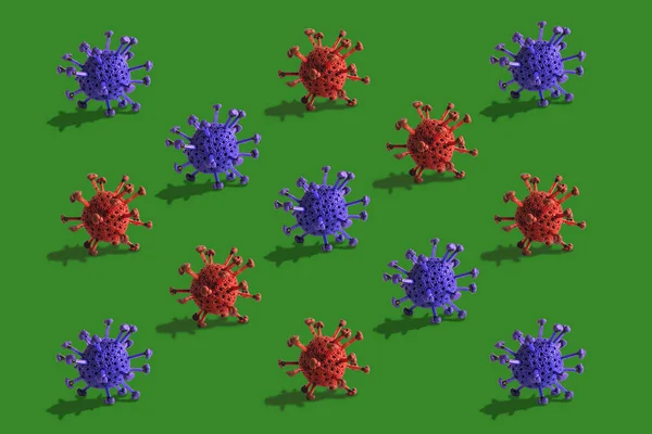 Colorful virus pattern of repeated red and purple viruses on green background. Model of virus made from plasticine and matches. Theme of health care, medical treatment and disease prevention.