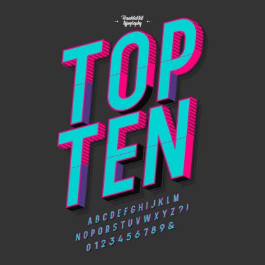 Klasik 3D Sans Serif Yazı Tipi. Renkli Alfabe. Retro Typography. Çerçevelenmiş Yazı tipi. Vektör İllüstrasyonu.