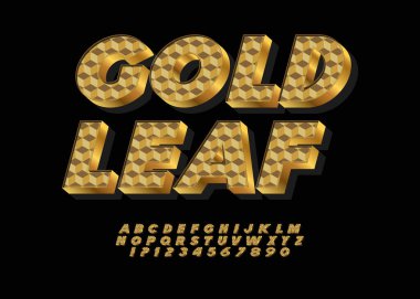 Parlak, dokulu alfabe harfleri ve altın çerçeveli sayılar. Vektör çizimi. Zengin desenli yazı tipi.