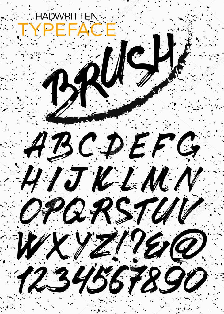 Custom handwritten alphabet. HandMade Typeface 'Brush'. Original Letters and Numbers. Vintage retro textured hand drawn type with grunge effect. Vector illustration
