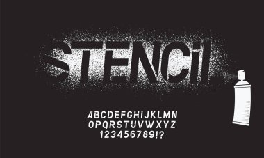 Kalıp yazı tipi. Graffiti boyalı alfabe, kirli desenli harfler ve grunge harfler. Askeri alfabeyi ve numaraları, ordu imzalı metinleri. İzole vektör sembolleri ayarlandı