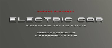 'Elektrikli araba' Otomobil Salonu için vektör metalik yazı tipi, teknoloji, spor, vs., Gümüş Alfabe. Vektör illüstrasyonu.