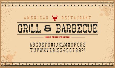 El yapımı font 'American Grill'. Özel el yazısıyla yazılmış alfabe. Retro desenli grunge efektli yazı tipi. Vektör çizimi. Harfler ve Sayılar. Özgün Tasarım.
