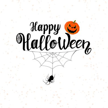 Cadılar Bayramı Mesaj Sancağın kutlu olsun, vektör. Mutlu Cadılar Bayramı vektör harfleri. Afiş, poster, tebrik kartı ve parti davetiyesi için örümcekli ve internetli tatil el yazısı. İzole bir illüstrasyon. Balkabağım..