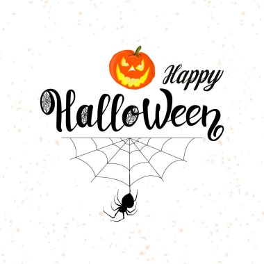 Cadılar Bayramı Mesaj Sancağın kutlu olsun, vektör. Mutlu Cadılar Bayramı vektör harfleri. Afiş, poster, tebrik kartı ve parti davetiyesi için örümcekli ve internetli tatil el yazısı. İzole bir illüstrasyon. Balkabağım..