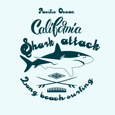 Sörf tişörtü grafik baskı tasarımı. Köpekbalığı saldırısı Long Beach damgası. Yazıt Kaliforniya.