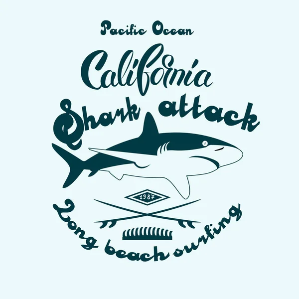 Sörf tişörtü grafik baskı tasarımı. Köpekbalığı saldırısı Long Beach damgası. Yazıt Kaliforniya.