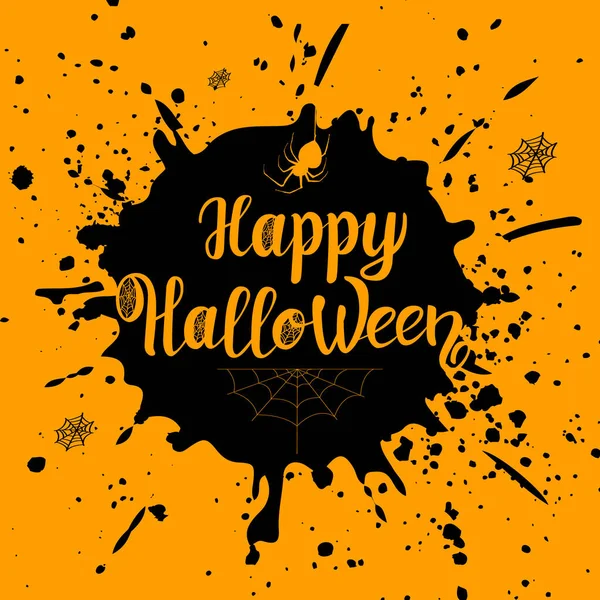 Надпись Happy Halloween Желтом Фоне Всплески Капли Чернила Отдельные Векторные — стоковый вектор