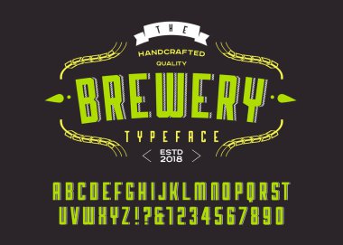 Bira fabrikası alfabe yazı tipi. Özel el yazısıyla yazılmış alfabe. Retro desenli el çizimi yazı tipi. Vektör çizimi. Harfler ve Sayılar. Özgün Tasarım