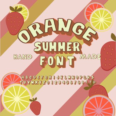 Yaz turunçgilleri renkli yazı tipi. Alfabe el yapımı. Arka plan, portakal, çilek, limon, mandalina. Vektör illüstrasyonu.