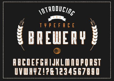Bira fabrikası alfabe yazı tipi. Özel el yazısıyla yazılmış alfabe. Retro desenli grunge efektli yazı tipi. Vektör çizimi. Harfler ve Sayılar. Özgün Tasarım