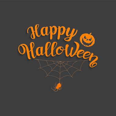 Cadılar Bayramı Mesaj Sancağın kutlu olsun, vektör. Mutlu Cadılar Bayramı vektör harfleri. Afiş, poster, tebrik kartı ve parti davetiyesi için örümcekli ve internetli tatil el yazısı. İzole bir illüstrasyon. Balkabağım..