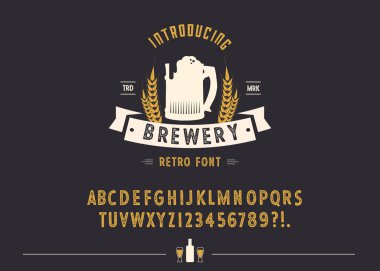 Bira fabrikası alfabe yazı tipi. Özel el yazısıyla yazılmış alfabe. Retro desenli grunge efektli yazı tipi. Vektör çizimi. Harfler ve Sayılar. Özgün Tasarım