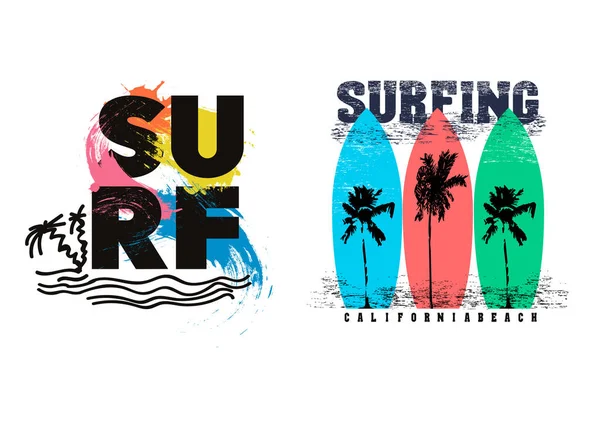 Klasik sörf tipografisi seti. Baskı ve diğer kullanıcılar için tişört grafikleri. Vektör