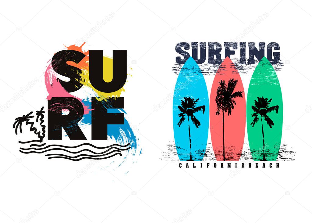 Vintage surf typography set. T-shirt graphics for print and other user. Vector