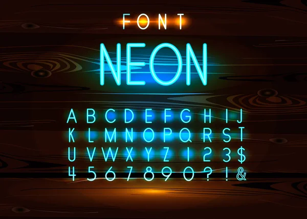 Vintage Neon Γραμματοσειρά Και Αλφάβητο Ξύλινο Φόντο — Διανυσματικό Αρχείο