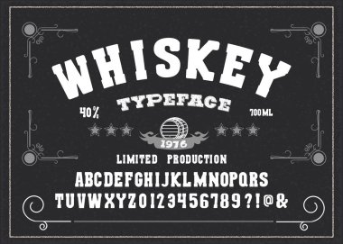 El yapımı yazı tipi 'Whiskey'. Klasik Özel Alfabe. Orijinal Harfler ve Sayılar. Retro el çizimi tipi tasarım. Vektör illüstrasyonu.