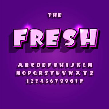 Parlak komik yazı tipli vektör moda afişi. Alfabenin büyük harfleri ve bir dizi rakam..