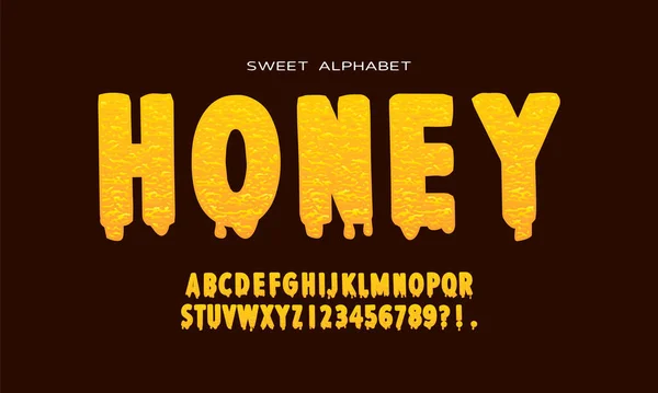 Vloeibare Zoete Honing Lettertype Alfabet Letters Cijfers Vector Illustratie — Stockvector