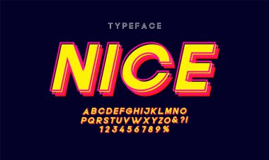 Parlak eğimli alfabe. Yoğunlaştırılmış yazı tipi pop sanat tasarımı, alfabe, harfler ve sayılar.