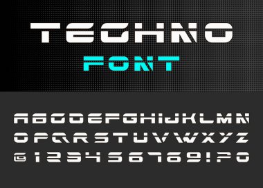 Fütürist vektör yazı tipi tasarımı. Dijital Sanal Gerçeklik Teknolojisi yazı tipi. Bilgisayarlar için Harfler ve Sayılar.