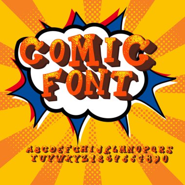 Çizgi roman yazı tipi seti. Çizgi roman tarzı alfabe harfleri, başlık, başlık, poster, çizgi roman veya pankart tasarımı için pop sanatı.