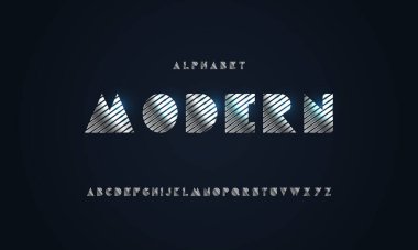 Modern stilize yazı tipi ve alfabe. Logo, başlık ve diğer birçok kullanım için geometrik gümüş harfler.