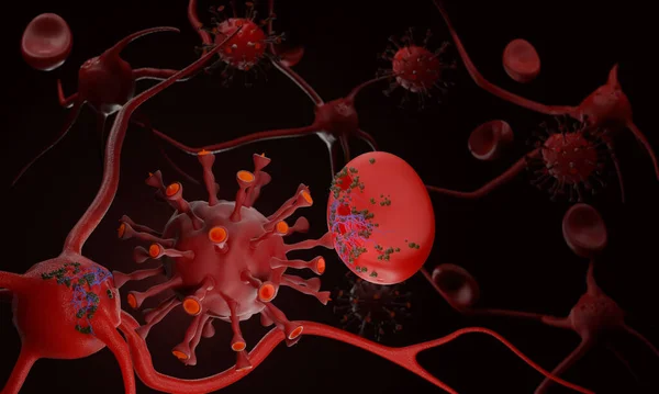 Coronavirus hastalığı COVID-19 enfeksiyon tıbbi konsepti. Virüs hücresi kan hücresi ve nörona saldırır. Coronavirus 'un yeni resmi adı COVID-19. 3B Hazırlama.