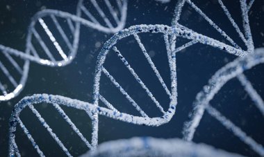 Soyut koyu mavi arkaplanda DNA molekülü sarmal yapılar. Biyoloji, bilim ve tıbbi teknoloji kavramı. 3B illüstrasyon ve canlandırma