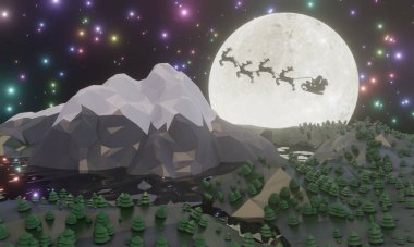 Düşük poligon noel konsepti. Siluet Noel Baba ve Dolunaylı Ren Geyiği. Dağ manzarası ve yerde noel ağacı. 3B görüntüleme.