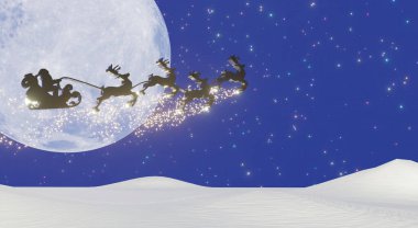 Siluet Noel Baba ve Ren geyikleri, süper dolunay ve bir sürü yıldızla koyu mavi gökyüzünde uçuyorlar. Noel arifesi konsepti. 3B Hazırlama.