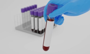 Mavi eldivenli insan eli beyaz arka planda kan ve boş etiketli test tüplerini tut. Corona virüsünü test etme konsepti. 3B Hazırlama.