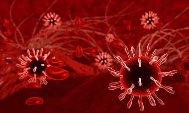 Coronavirus hastalığı COVID-19 enfeksiyon tıbbi illüstrasyon. Patojen solunum gribi covid virüs hücreleri. Coronavirus hastalığının yeni resmi adı COVID-19. 3B Hazırlama.