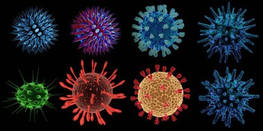 Covid-19 Konsepti. Uzun antenli küresel şekilli soyut bakteri ya da virüs hücresi seti. Coronavirus krizi konsepti. Coronavirus hastalığının yeni resmi adı COVID-19 - 3D Rending.