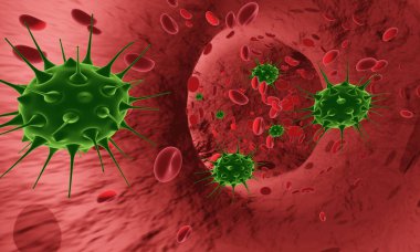 Mockup virüsü veya bakteri ve bir arter veya kan damarında kırmızı kan hücreleri, vücudun içinde akıyor, tıbbi sağlık hizmetleri. Corona virüs krizi. 3B Hazırlama.